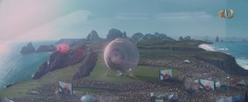 Movie still from “The Hitchhiker's Guide to the Galaxy” (2005), directed by Garth Jennings – An image of a large crowd of people watching a balloon; Extreme Wide shot, High angle
