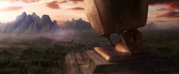 Movie still from “The Hitchhiker's Guide to the Galaxy” (2005), directed by Garth Jennings – An aerial view of an ancient city at sunset; Extreme Wide shot, Overhead angle