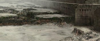 Movie still from “The Hitchhiker's Guide to the Galaxy” (2005), directed by Garth Jennings – Two people are standing in the middle of an area; Extreme Wide shot, Overhead angle