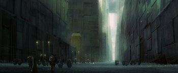 Movie still from “The Hitchhiker's Guide to the Galaxy” (2005), directed by Garth Jennings – An image of a street with a bunch of people walking down the street; Extreme Wide shot, High angle