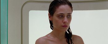 Movie still from “The Hitchhiker's Guide to the Galaxy” (2005), directed by Garth Jennings – A young woman with wet hair is taking a shower; Close Up shot, High angle