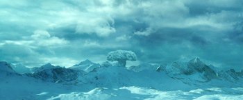 Movie still from “The Hitchhiker's Guide to the Galaxy” (2005), directed by Garth Jennings – A mushroom cloud is seen in the middle of the sky; Extreme Wide shot, Low angle