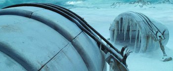 Movie still from “The Hitchhiker's Guide to the Galaxy” (2005), directed by Garth Jennings – View of some pipes in the snow; Extreme Wide shot, High angle