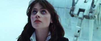 Movie still from “The Hitchhiker's Guide to the Galaxy” (2005), directed by Garth Jennings – A person looking up at the sky; Close Up shot, Low angle