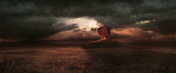 Movie still from “The Hitchhiker's Guide to the Galaxy” (2005), directed by Garth Jennings – An image of an image that is very dark; Extreme Wide shot, Low angle