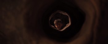 Movie still from “The Host” (2013), directed by Andrew Niccol – A young boy looking through a hole in a log; Wide shot, Low angle