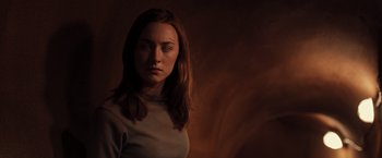 Movie still from “The Host” (2013), directed by Andrew Niccol – A woman with long brown hair is looking at the camera; Close Up shot, Low angle