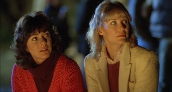 Movie still from “The Howling” (1981), directed by Joe Dante – Two women are sitting next to each other; Close Up shot, Low angle