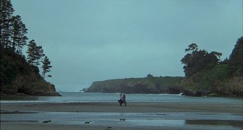 Movie still from “The Howling” (1981), directed by Joe Dante – Two people sitting on a beach near the water; Extreme Wide shot, Low angle