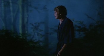 Movie still from “The Howling” (1981), directed by Joe Dante – A man standing in the dark in front of a forest; Medium shot, Low angle