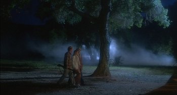 Movie still from “The Howling” (1981), directed by Joe Dante – A man and a woman walking under a large tree; Wide shot, Over the shoulder angle
