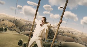 Movie still from “The Imaginarium of Doctor Parnassus” (2009), directed by Terry Gilliam – A man in a white suit and tie holding a ladder; Wide shot, Overhead angle