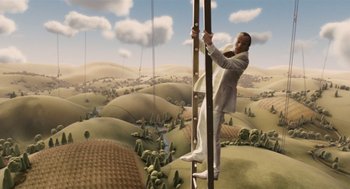 Movie still from “The Imaginarium of Doctor Parnassus” (2009), directed by Terry Gilliam – A painting of a man climbing a ladder to the top of a hill; Wide shot, Overhead angle