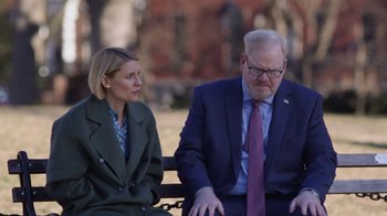 Movie still from “Full Circle” (2023), directed by Steven Soderbergh – Medium shot, Over the shoulder angle