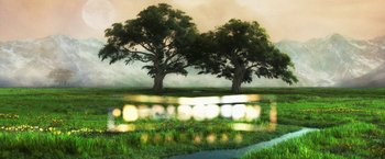 Movie still from “The Infiltrator” (2016), directed by Brad Furman – A painting of two trees in the middle of a grassy field; Extreme Wide shot, Low angle