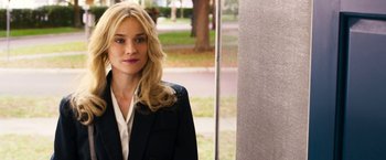 Movie still from “The Infiltrator” (2016), directed by Brad Furman – A woman in a black jacket standing in front of a wall; Close Up shot, Over the shoulder angle