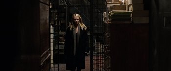 Movie still from “The International” (2009), directed by Tom Tykwer – A woman standing in the dark in front of a metal gate; Wide shot, Low angle