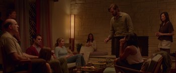 Movie still from “The Invitation” (2015), directed by Karyn Kusama – A group of people sitting in a living room; Wide shot, Over the shoulder angle