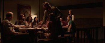 Movie still from “The Invitation” (2015), directed by Karyn Kusama – A group of people sitting at a table with wine glasses; Wide shot, Over the shoulder angle