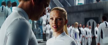 Movie still from “The Island” (2005), directed by Michael Bay – A man and a woman are talking to each other; Close Up shot, Over the shoulder angle