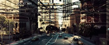 Movie still from “The Island” (2005), directed by Michael Bay – A city street filled with lots of traffic; Extreme Wide shot, High angle