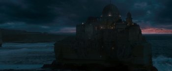 Movie still from “Queen of the Damned” (2002), directed by Michael Rymer – A castle on a cliff in the dark; Extreme Wide shot, Low angle
