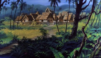 Movie still from “The Jungle Book” (1967), directed by Wolfgang Reitherman – A painting of some houses in the middle of the jungle; Extreme Wide shot, Low angle