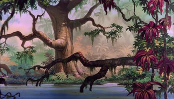 Movie still from “The Jungle Book” (1967), directed by Wolfgang Reitherman – A painting of trees and a body of water in the background; Extreme Wide shot, Low angle