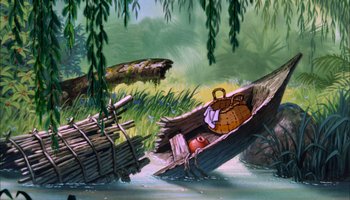 Movie still from “The Jungle Book” (1967), directed by Wolfgang Reitherman – An animated scene of a river with a boat and a basket on it; Wide shot, Low angle