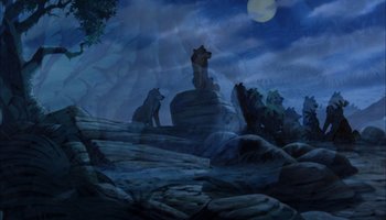 Movie still from “The Jungle Book” (1967), directed by Wolfgang Reitherman – A painting of two lions standing on top of a hill; Wide shot, Low angle