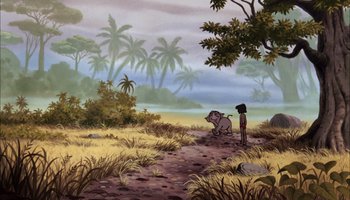 Movie still from “The Jungle Book” (1967), directed by Wolfgang Reitherman – A painting of a boy and an elephant in a field; Extreme Wide shot, Low angle