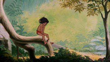 Movie still from “The Jungle Book” (1967), directed by Wolfgang Reitherman – A painting of mowgli sitting on a tree branch in the jungle; Wide shot, Low angle