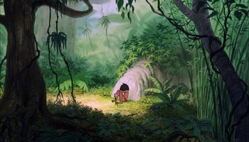 Movie still from “The Jungle Book” (1967), directed by Wolfgang Reitherman – A painting of a person in the woods; Wide shot, High angle