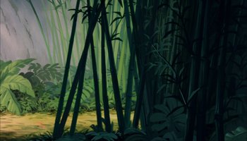 Movie still from “The Jungle Book” (1967), directed by Wolfgang Reitherman – A painting of a forest with bamboo trees and bushes; Extreme Wide shot, Low angle