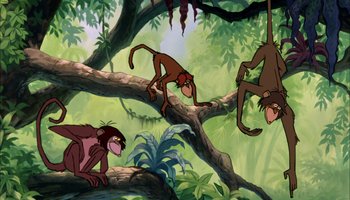 Movie still from “The Jungle Book” (1967), directed by Wolfgang Reitherman – A painting of three monkeys hanging from a tree; Wide shot, Low angle