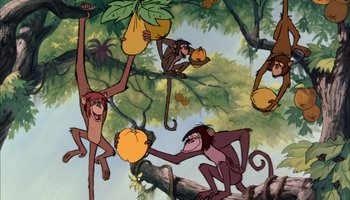 Movie still from “The Jungle Book” (1967), directed by Wolfgang Reitherman – A group of monkeys holding fruit in their hands; Wide shot, Low angle