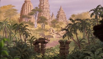 Movie still from “The Jungle Book” (1967), directed by Wolfgang Reitherman – A painting of a jungle with a lot of trees; Extreme Wide shot, Low angle