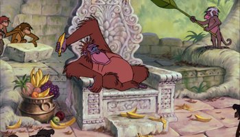 Movie still from “The Jungle Book” (1967), directed by Wolfgang Reitherman – A monkey sitting on top of a white chair; Wide shot, Low angle