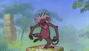 Movie still from “The Jungle Book” (1967), directed by Wolfgang Reitherman – A cartoon of a pink monkey with white hair; Medium shot, Overhead angle