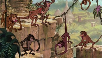 Movie still from “The Jungle Book” (1967), directed by Wolfgang Reitherman – A group of monkeys hanging on to a tree branch; Wide shot, Low angle