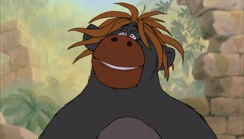 Movie still from “The Jungle Book” (1967), directed by Wolfgang Reitherman – A cartoon of a gorilla with long brown hair; Close Up shot, Low angle