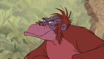 Movie still from “The Jungle Book” (1967), directed by Wolfgang Reitherman – An animated gorilla is looking at the camera; Close Up shot, Low angle