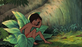 Movie still from “The Jungle Book” (1967), directed by Wolfgang Reitherman – A painting of a man sitting on a tree branch; Medium shot, High angle