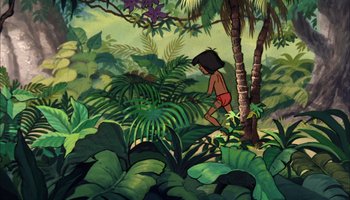 Movie still from “The Jungle Book” (1967), directed by Wolfgang Reitherman – A painting of mowgli walking through the jungle; Wide shot, Low angle