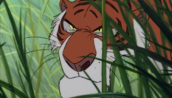 Movie still from “The Jungle Book” (1967), directed by Wolfgang Reitherman – A tiger's face in the tall grass; Extreme Close Up shot, Low angle