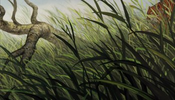Movie still from “The Jungle Book” (1967), directed by Wolfgang Reitherman – An oil painting of a bird flying over a field of tall green grass; Extreme Wide shot, Low angle