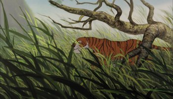 Movie still from “The Jungle Book” (1967), directed by Wolfgang Reitherman – A painting of a tiger walking through tall green grass; Wide shot, Low angle