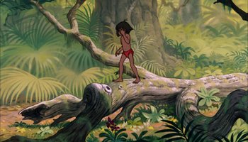 Movie still from “The Jungle Book” (1967), directed by Wolfgang Reitherman – An animated scene of mowgli standing on a fallen tree; Wide shot, Low angle