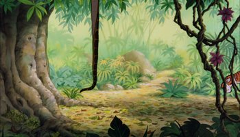 Movie still from “The Jungle Book” (1967), directed by Wolfgang Reitherman – A painting of a jungle with trees and plants; Wide shot, Low angle