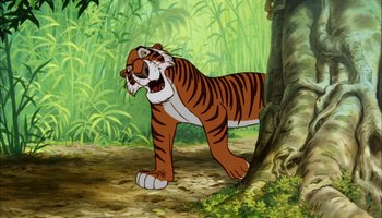 Movie still from “The Jungle Book” (1967), directed by Wolfgang Reitherman – A tiger standing in the middle of a forest; Medium shot, Low angle